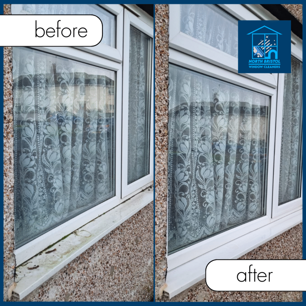 A before and after image of a residential window cleaning