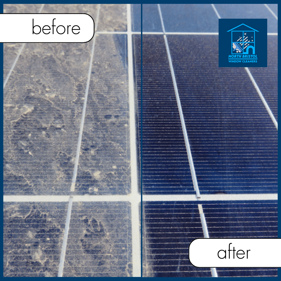 Solar Panel Cleaning 1 An image of before and after solar panel cleaning