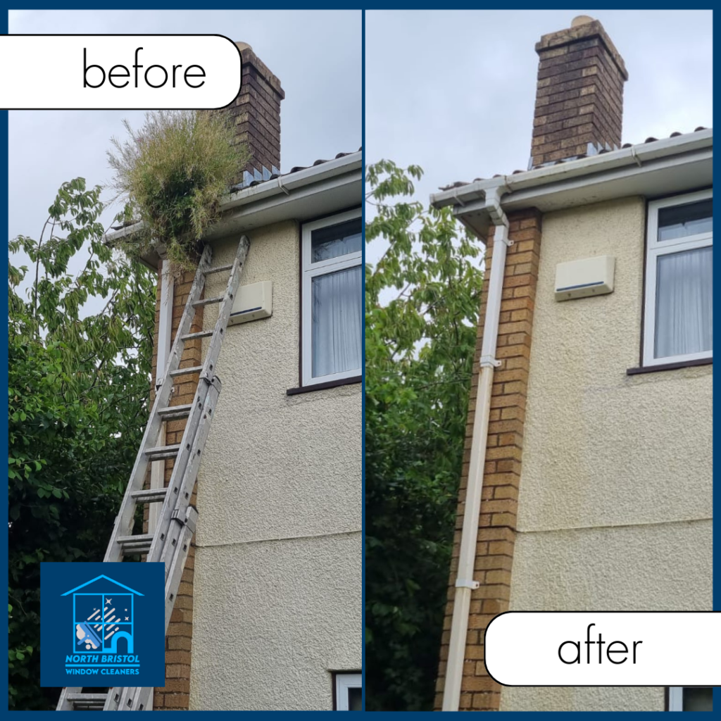 An image of a before and after gutter clearing service in Bristol