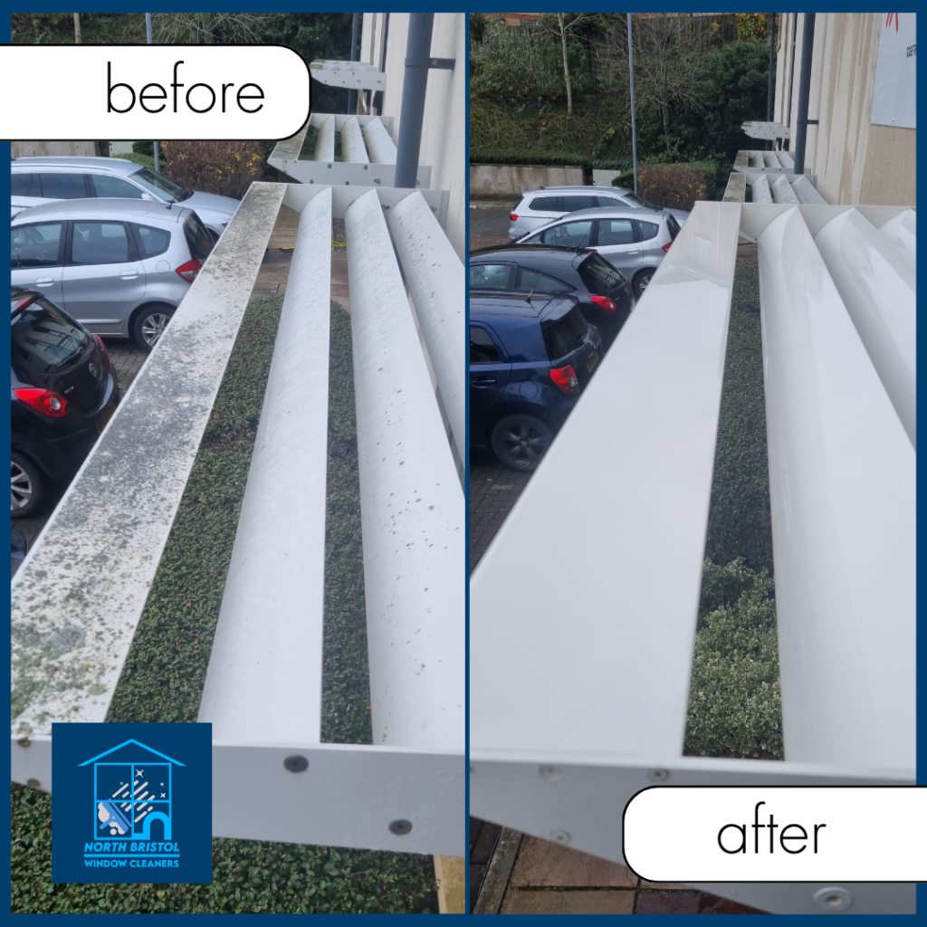 A before and after photos of a clean rain cover of LMAT
