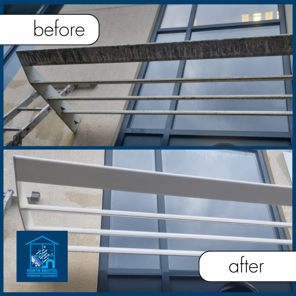 A before and after photos of a clean rain cover of LMAT