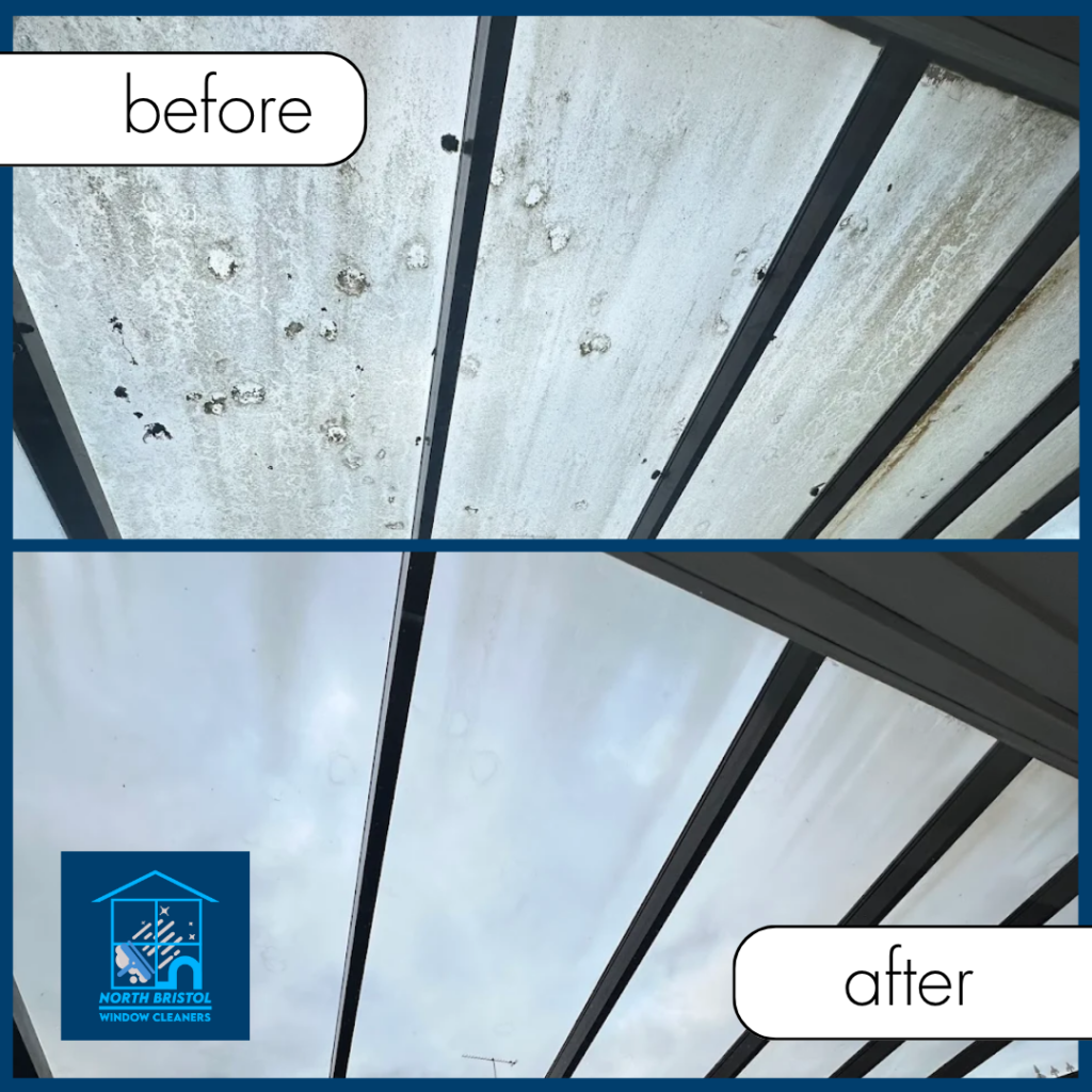An image of a before and after conservatory roof cleaning service by North Bristol Window Cleaners
